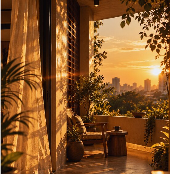A semi-open balcony space at sunset, between inside and outside